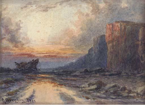 George Gregory - A wreck at low tide off the south coast of the Isle of Wight (illustrated); and Fisherfolk on the foreshore