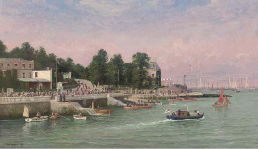 George Gregory - Big-Class Yachts Racing At The Regatta At Cowes, Elegant Figures On The Esplanade