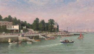 George Gregory - Big-Class Yachts Racing At The Regatta At Cowes, Elegant Figures On The Esplanade