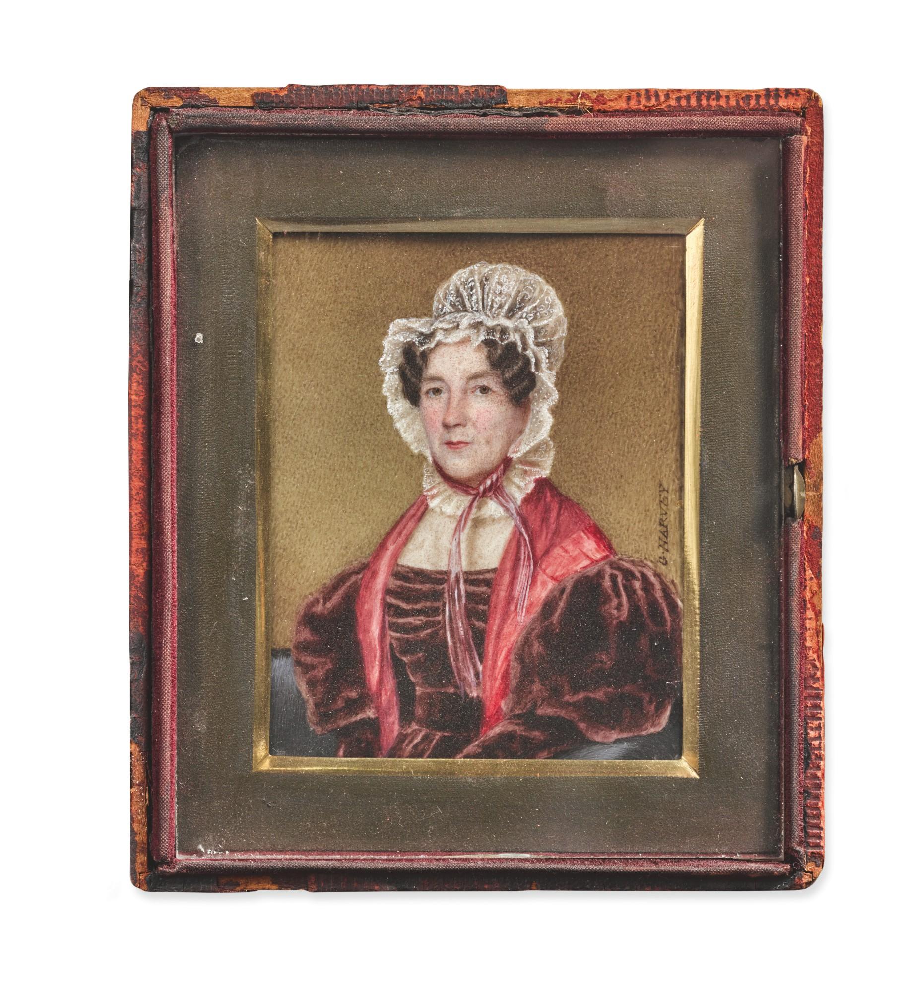 George Harvey - Miniature Portrait Of A Woman In A Burgundy Dress With White Lace Bonnet