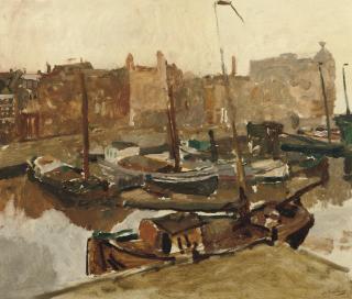 George Hendrik Breitner - Damrak: Moored Boats On The Damrak With The Victoria Hotel In The Distance, Amsterdam