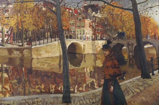 George Hendrik Breitner - Gezicht op Keizersgracht hoek Reguliersgracht: an elegant lady strolling along a canal in Amsterdam