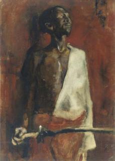 George Hendrik Breitner - Portrait of the African fighter Adolf Boutar (recto); three waspitten walking down a street (verso)