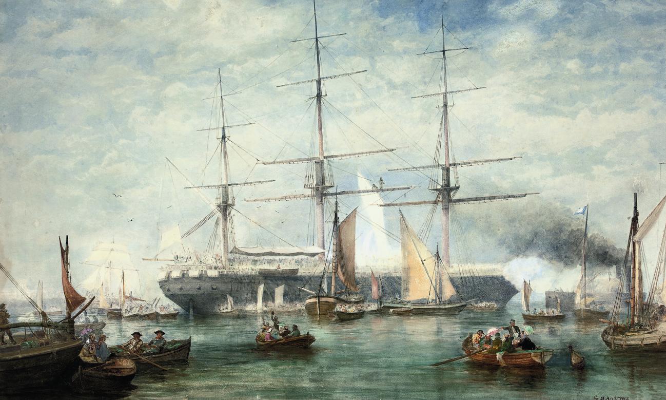 George Henry Andrews, R.W.S. - An emigrant ship preparing to depart, her decks crowded with passengers and with onlookers to see her off