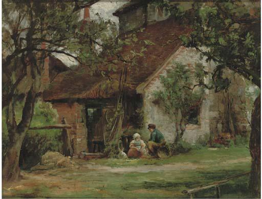 George Henry Boughton, R.A. - Children and a rabbit playing by an outhouse
