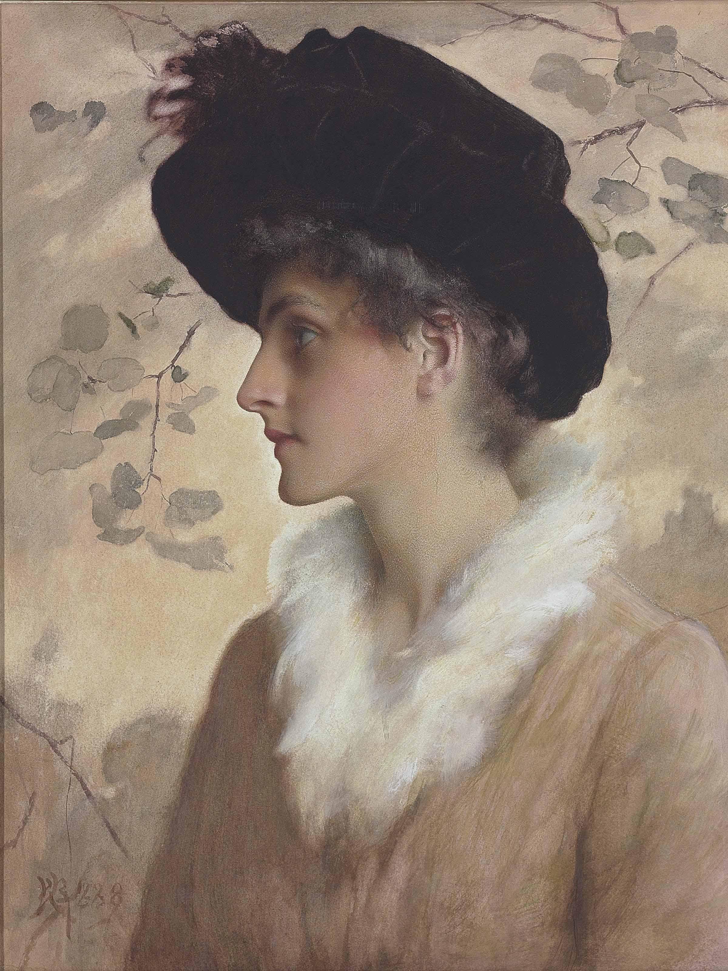 George Henry Boughton, R.A. - Portrait of a lady, half-length, wearing a black hat and fur stole