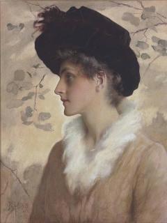 George Henry Boughton, R.A. - Portrait of a lady, half-length, wearing a black hat and fur stole