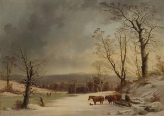 George Henry Durrie - Loading Ox Sledge Near Skating Pond, View Of New Haven