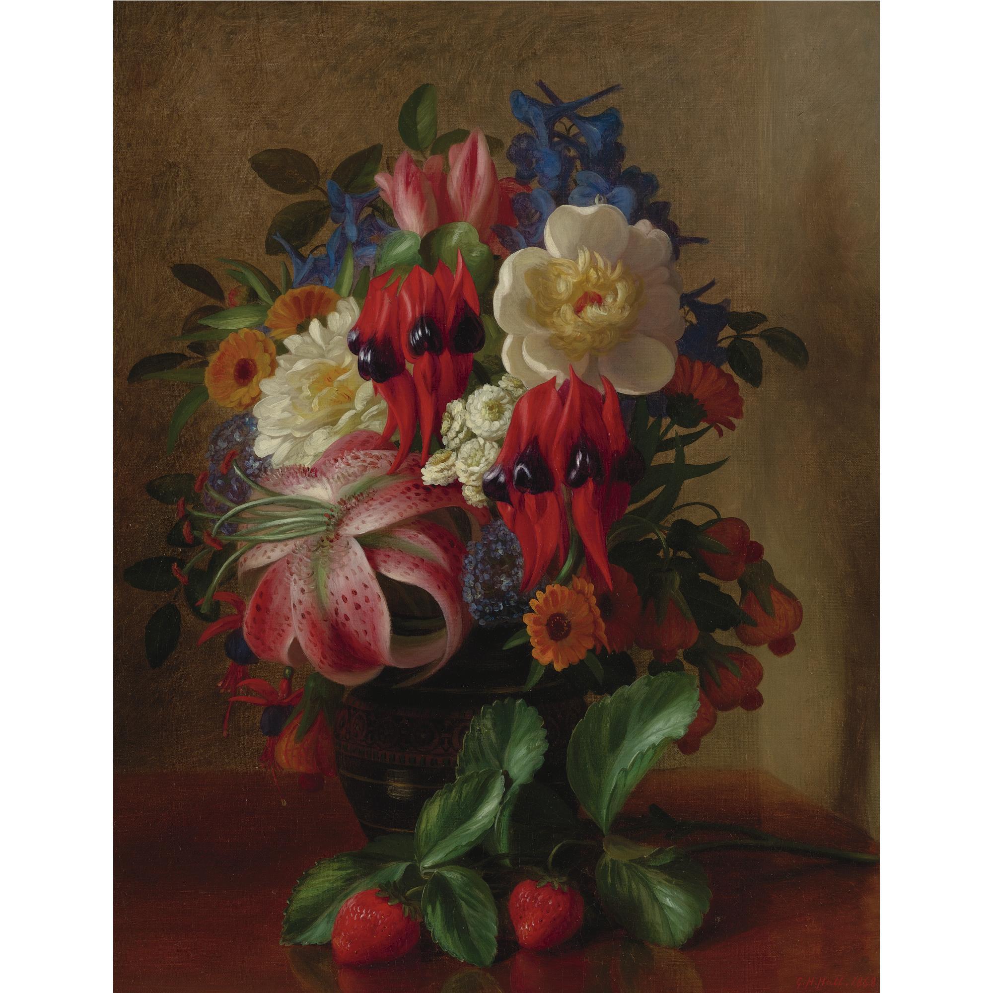George Henry Hall - Still Life With Flowers And Strawberries