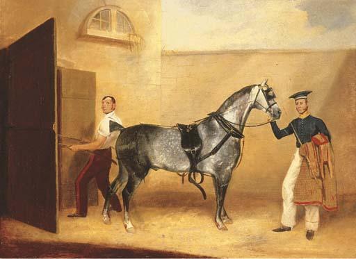George Henry Laporte - A Fourth Light Dragoons Trooper with a Grey Carriage Horse outside a stable