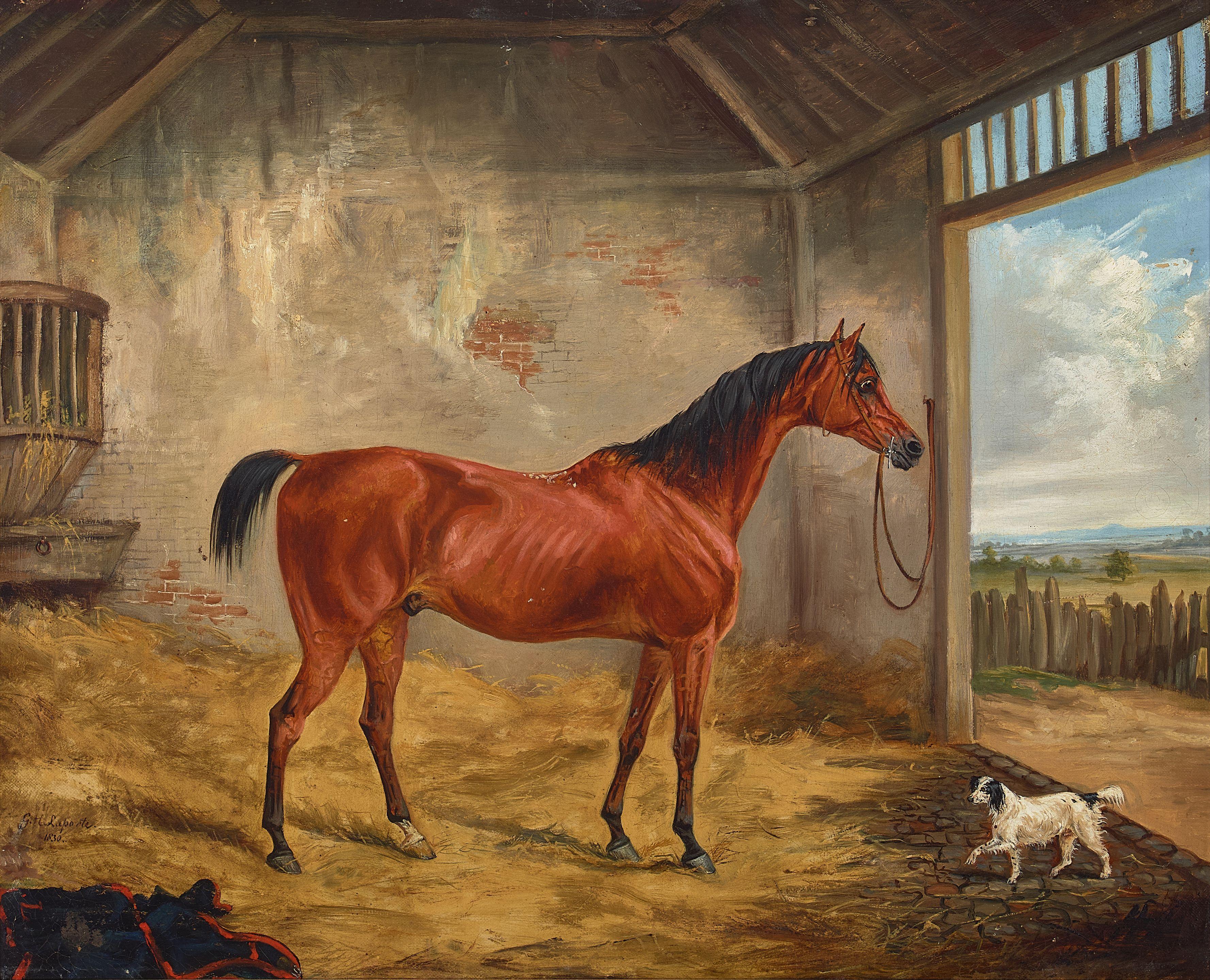 George Henry Laporte - Bay horse and setter in a stall