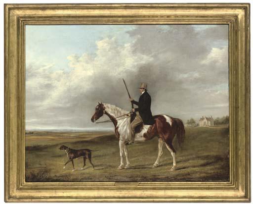 George Henry Laporte - Portrait of A Gentleman On His Piebald Hunter, A Pointer To His Side, In An Extensive Landscape