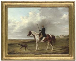 George Henry Laporte - Portrait of A Gentleman On His Piebald Hunter, A Pointer To His Side, In An Extensive Landscape