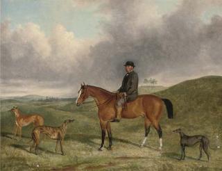 George Henry Laporte - Portrait of Henry Beale Esq., On A Hunter, With His Greyhounds, Including Sampler And Sapphire, In An Extensive Landscape