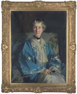 George Henry, R.A., R.S.A. - Portrait of Mrs Agnes Innes, neé Barlow, seated three-quarter-length, in a blue embroidered kimono, holding a fan