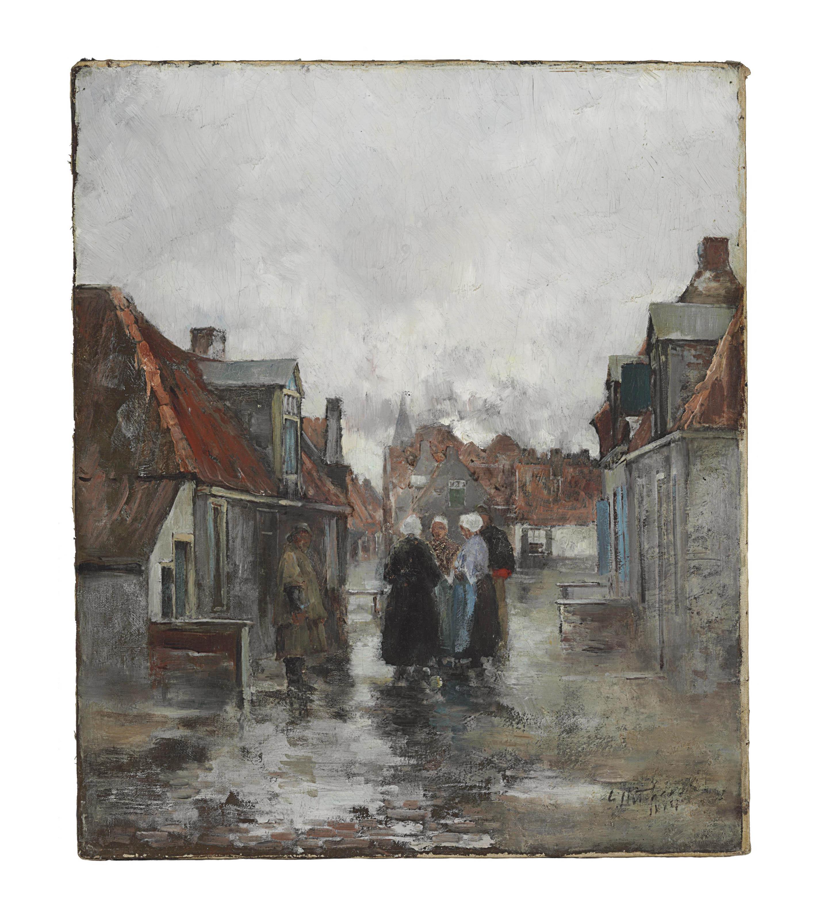 George Hitchcock - A Dutch Street Scene with Gathering Figures
