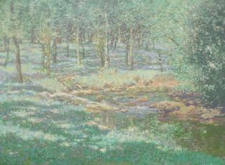 George Houston RSA RSW RGI - Bluebells in a sunlit woodland