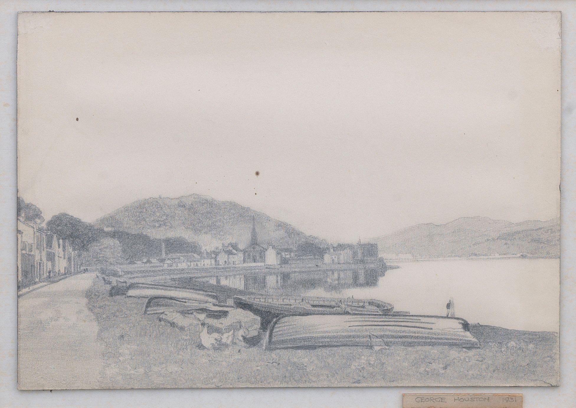 George Houston RSA RSW RGI - Inveraray, two views in pencil, each signed and dated 1931 on label, together with a view of Argyll, signed lower left, 18cm wide, 25cm deep (7in wide, 9 1/2in deep) (3)