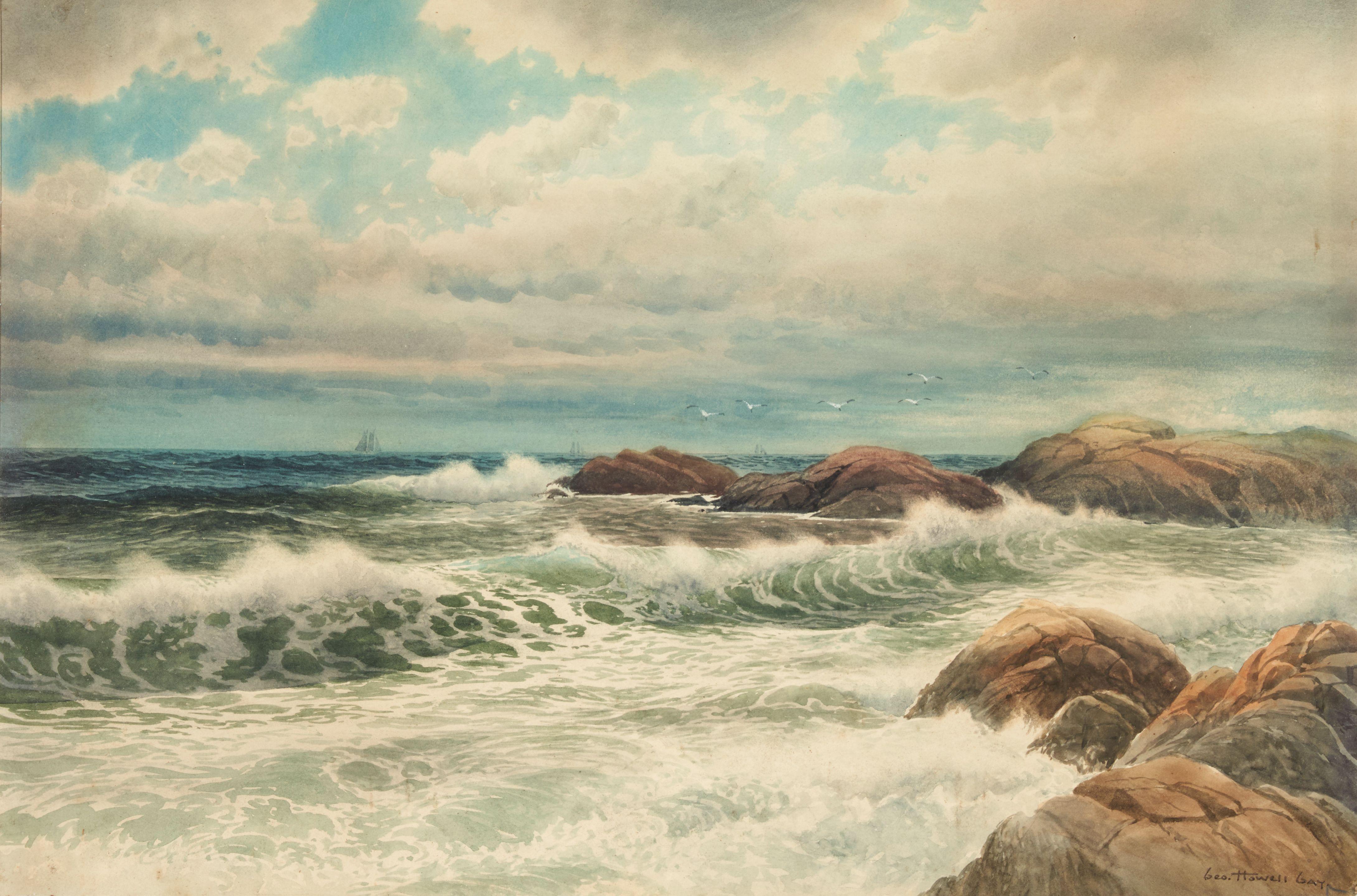 George Howell Gay - Rolling Surf with Seagulls and a Distant Sailboat