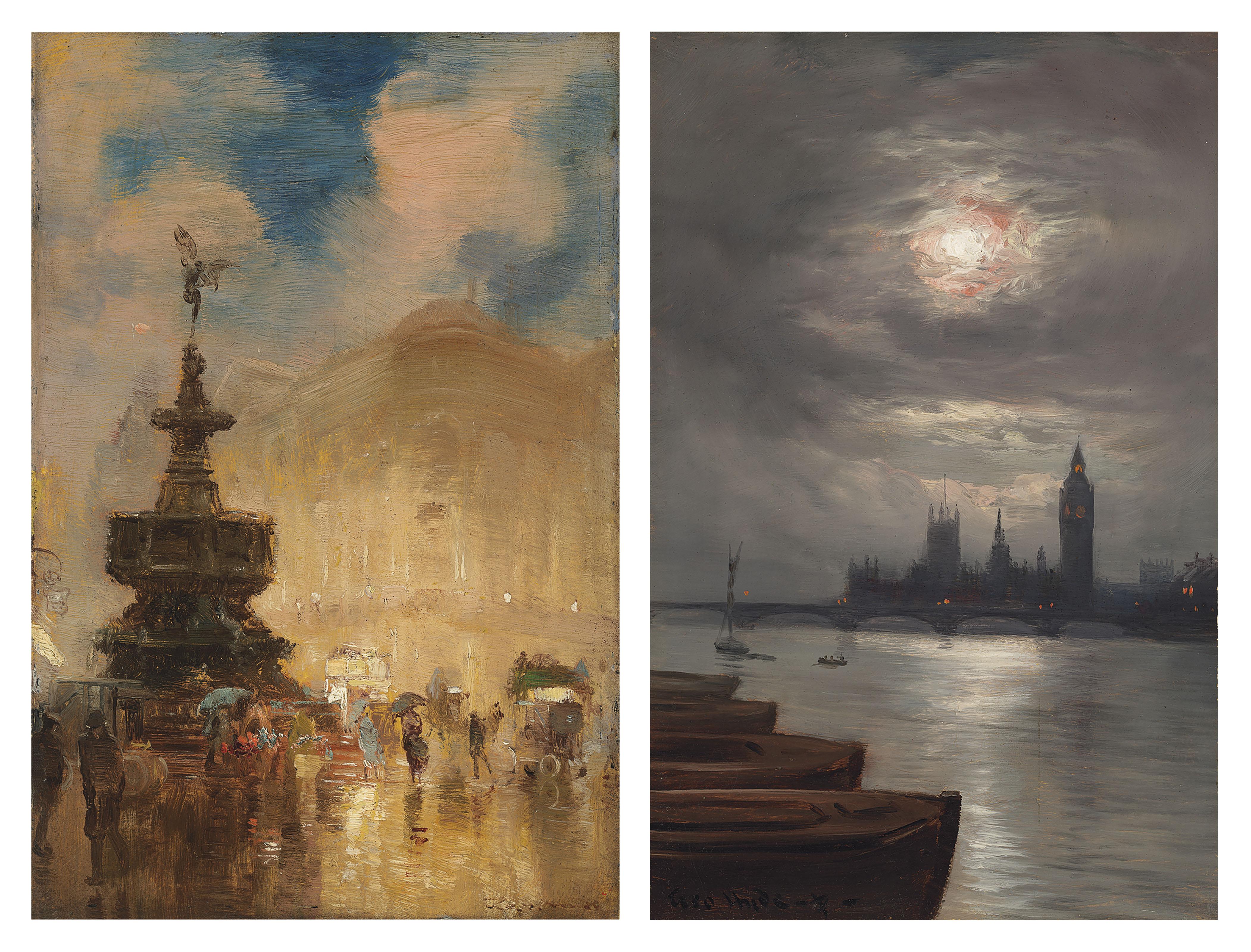 George Hyde Pownall - April Weather, Piccadilly Circus; and The Moonlit River