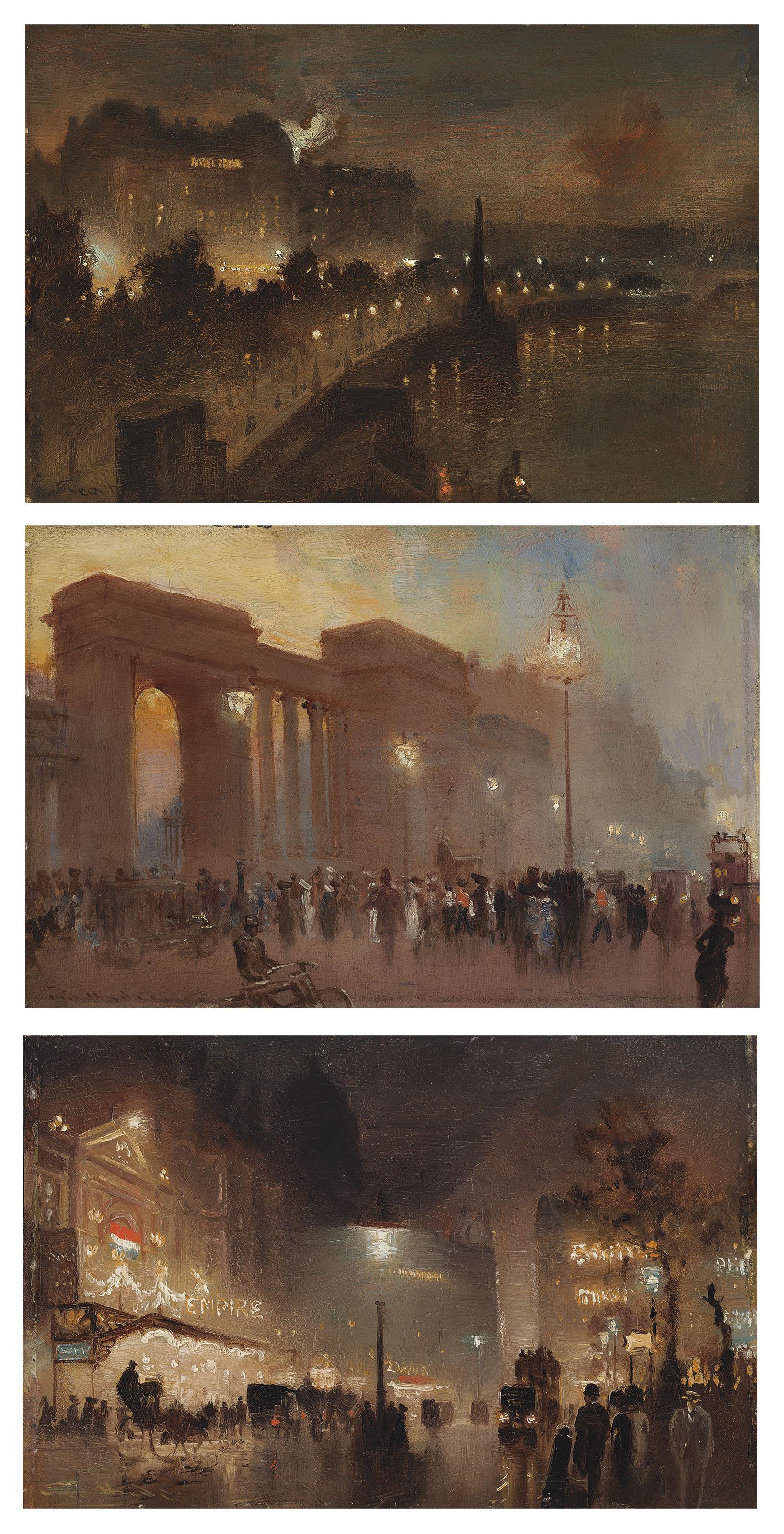 George Hyde Pownall - Leicester Square; Victoria Embankment from Hungerford Bridge; and Sunday summer evening, Hyde Park Corner