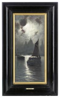George Hyde Pownall - Sail boats on the Thames in moonlight, St. Paul\'s beyond