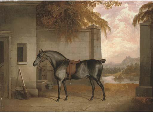 George Jackson - A Saddled Black Horse In A Yard With A River Landscape Beyond