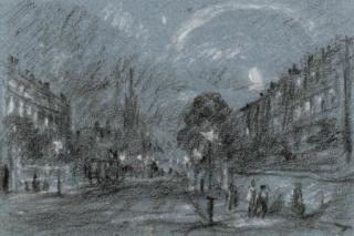 George James Rowe - Carriages and figures on an illuminated Georgian street