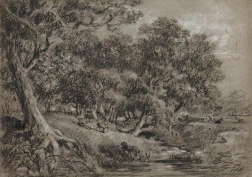 George James Rowe - Deer grazing in wooded parkland