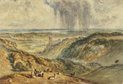 George James Rowe - Deer on the hills above a castle