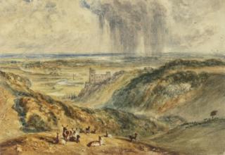 George James Rowe - Deer on the hills above a castle