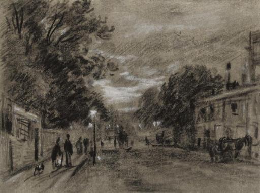 George James Rowe - Elegant figures with a dog returning home at dusk