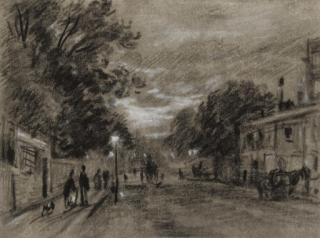 George James Rowe - Elegant figures with a dog returning home at dusk