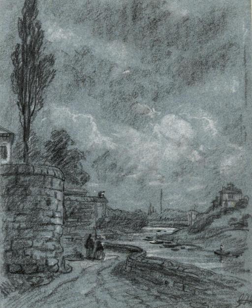 George James Rowe - Figures below castle ramparts on the banks of a river