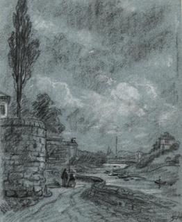 George James Rowe - Figures below castle ramparts on the banks of a river