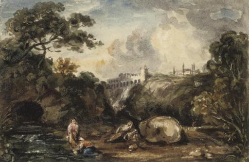 George James Rowe - Figures in an Italianate landscape