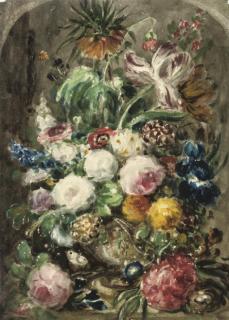 George James Rowe - Still life of mixed flowers in an urn