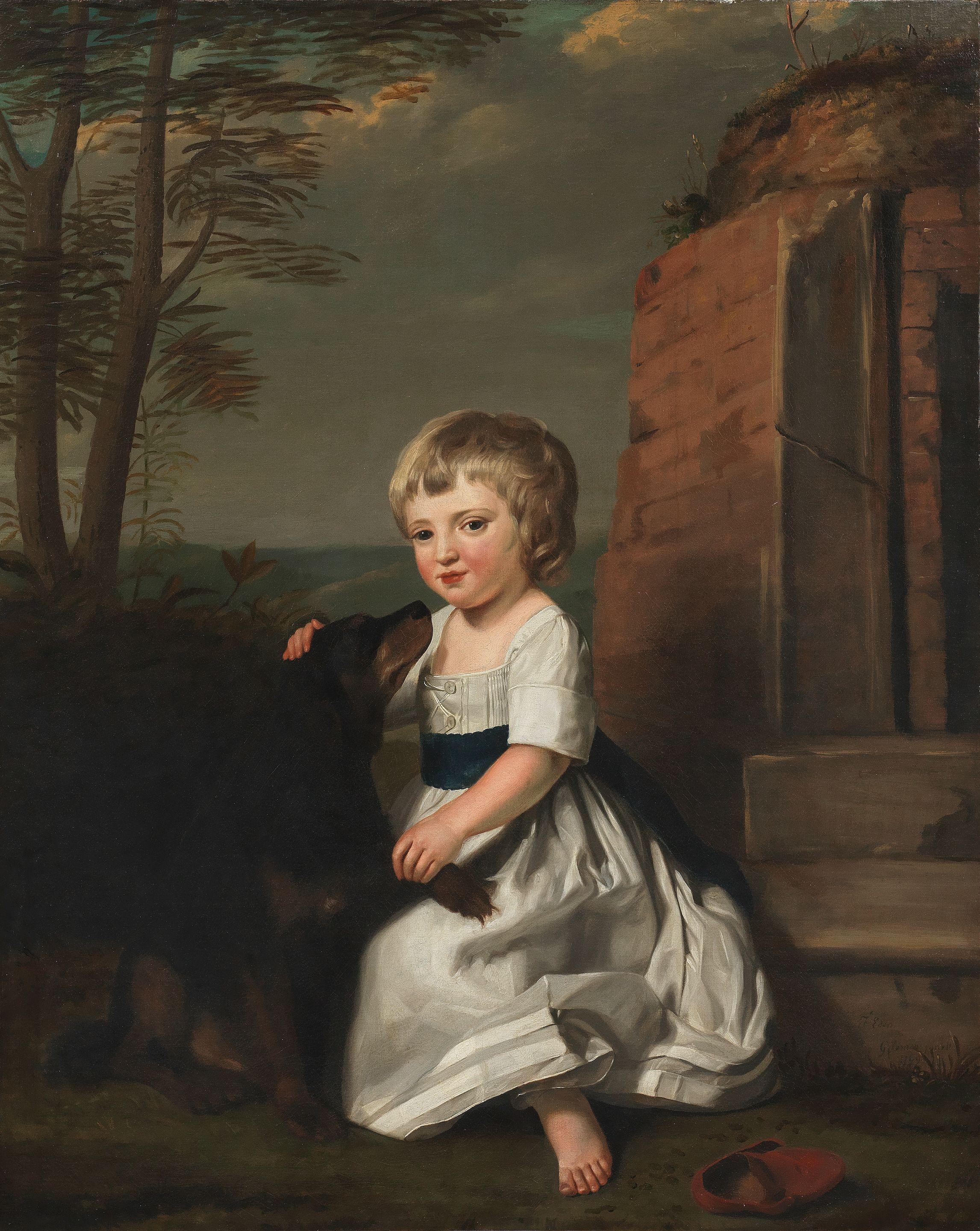 George James - Portrait of Sir Frederick Morton Eden as a child, seated on a stone step, patting a dog\'s head, wearing a white dress and red slippers