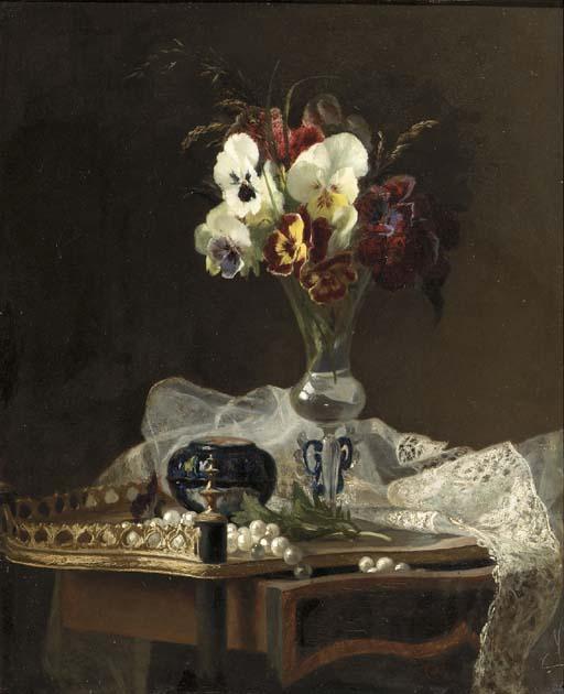 George John Henry Todd - A still life with violets in a Venetian vase