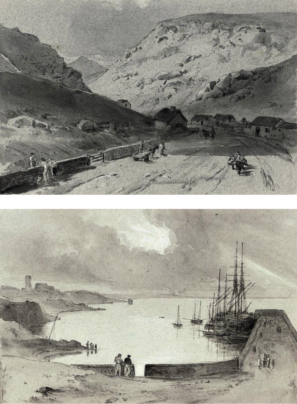 George Jones, R.A. - A small collection of views of Ireland including: Dunleary, Dublin Bay (illustrated); Dremash on the Blackwater, County Waterford, (illustrated); and Ross Carbery [sic], County Cork (recto); and A view looking towards the sea (verso)