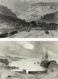 George Jones, R.A. - A small collection of views of Ireland including: Dunleary, Dublin Bay (illustrated); Dremash on the Blackwater, County Waterford, (illustrated); and Ross Carbery [sic], County Cork (recto); and A view looking towards the sea (verso)