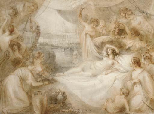 George Jones, R.A. - Cleopatra reclining in reverie, surrounded by attendants with Alexandria in the distance beyond