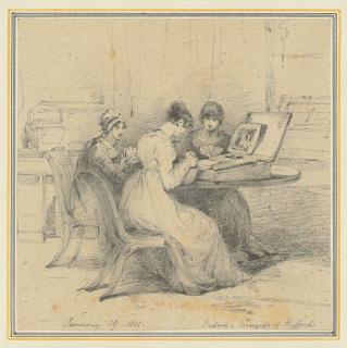 George Jones, R.A. - Study of three ladies in a parlour, two playing cards, one at a writing desk