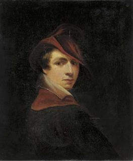 George Jones - Portrait of the artist (?), half-length, in a brown coat with red collar and red hat