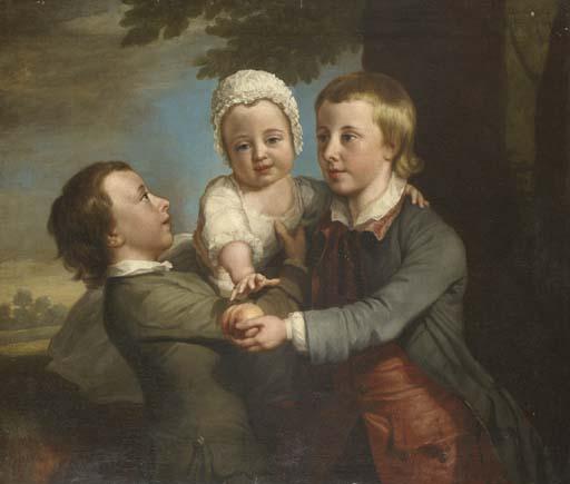 George Knapton - Group Portrait Of Three Children, Three-Quarter-Length, In A Wooded Landscape, The Eldest Holding A Peach