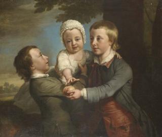 George Knapton - Group Portrait Of Three Children, Three-Quarter-Length, In A Wooded Landscape, The Eldest Holding A Peach