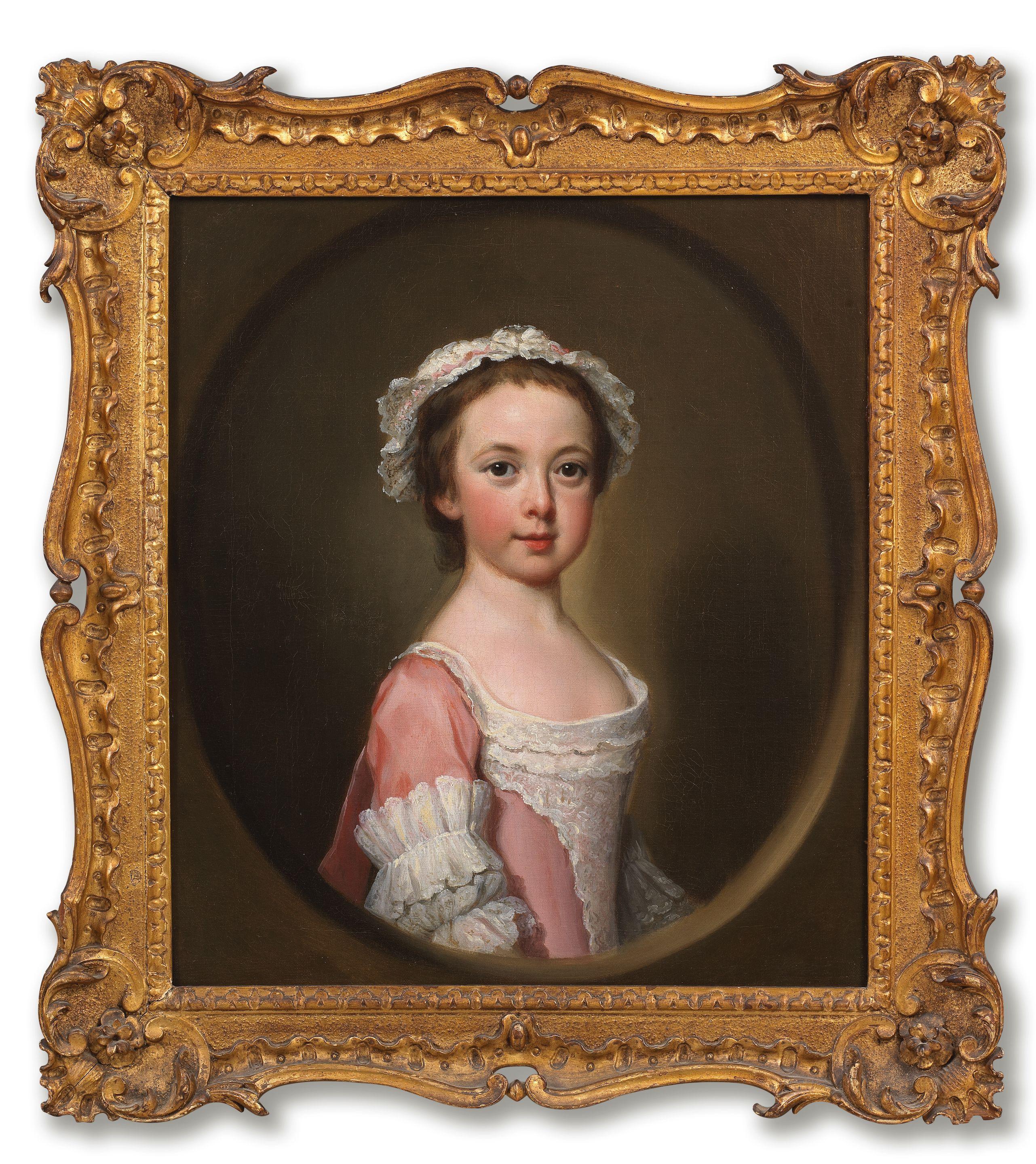 George Knapton - Portrait of a girl, half-length, in a pink and white dress, within a painted oval; and Portrait of a boy, half-length, in a buff coat, within a painted oval (2)