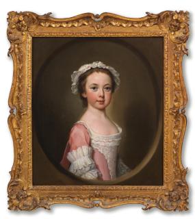 George Knapton - Portrait of a girl, half-length, in a pink and white dress, within a painted oval; and Portrait of a boy, half-length, in a buff coat, within a painted oval (2)