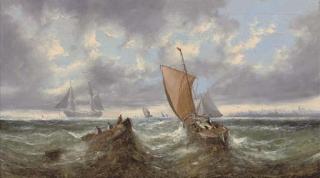 George Knight - Fishing vessels in a swell, a busy shipping lane beyond