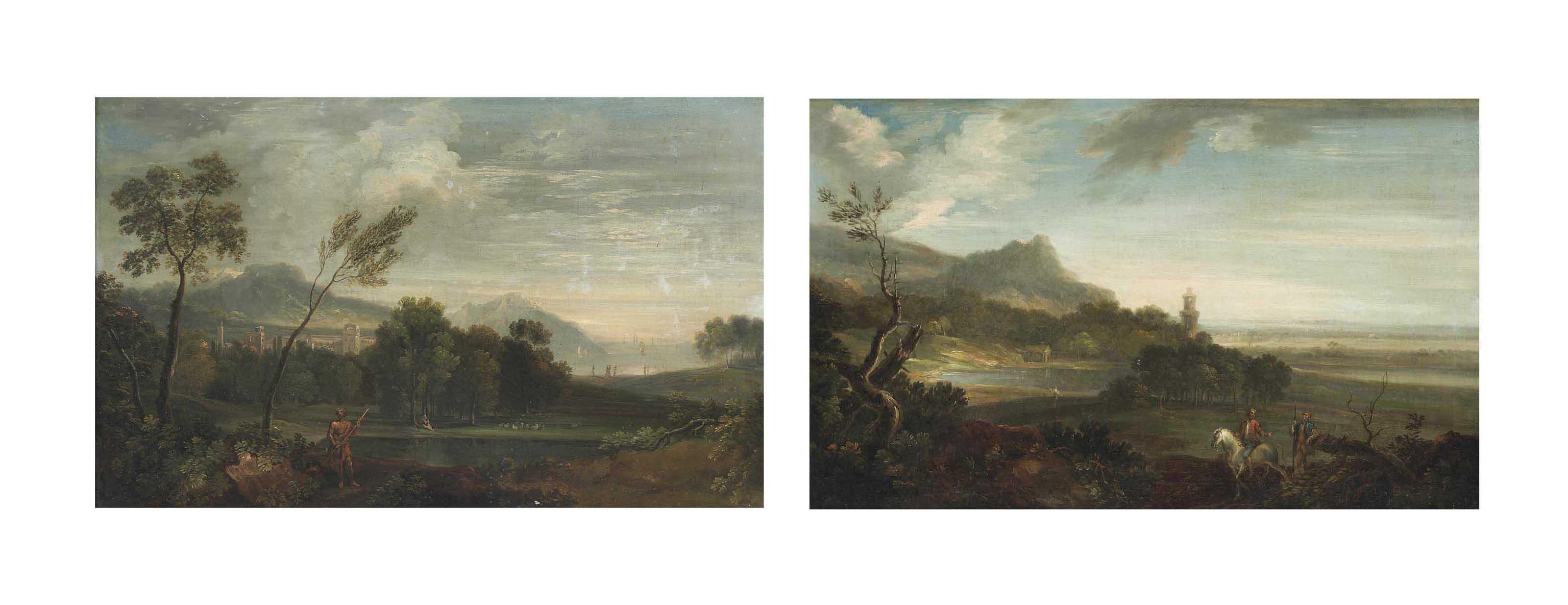George Lambert - A coastal landscape with an Italianate town and a figure holding a staff;  and  A coastal landscape with a tower, a horseman and beggar on a path in the foreground